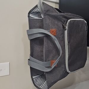 Gray  And White Tote Bag with Caramel Colored Pouch